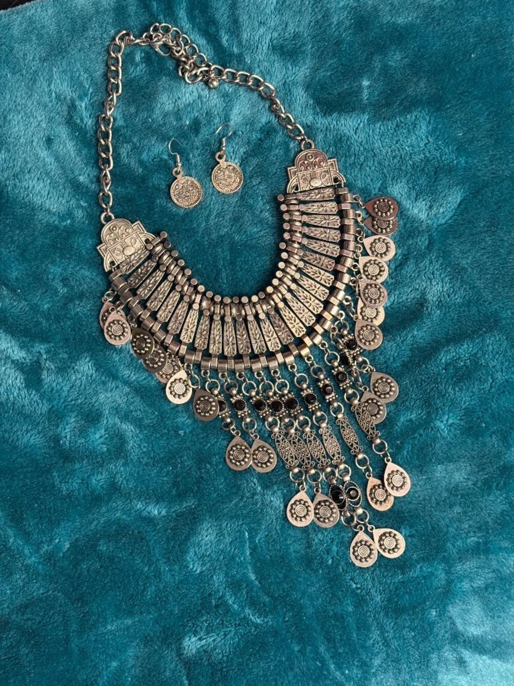 Vintage Egyptian Choker Collar Necklace + Earrings Silver Tone Adjustable